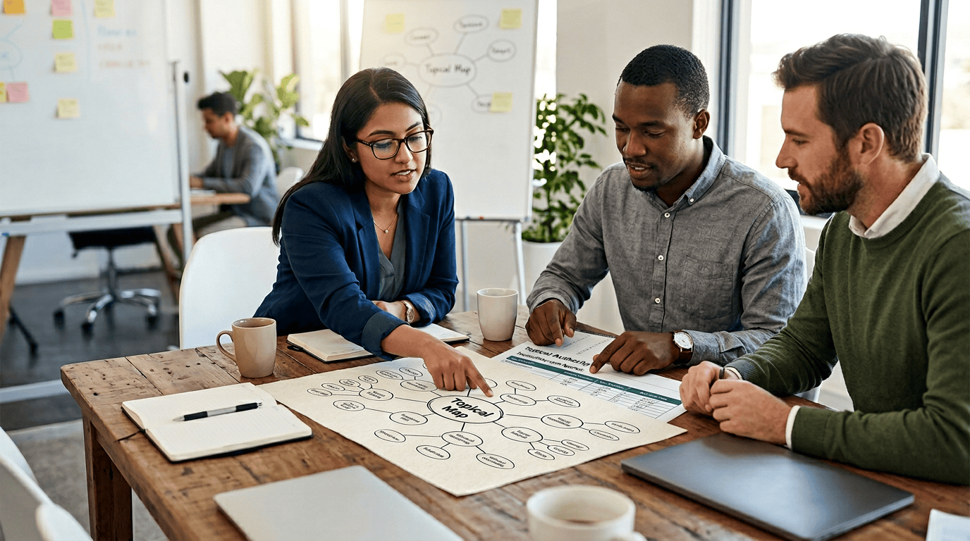 SEO team reviewing a topical map and spreadsheet to build topical authority