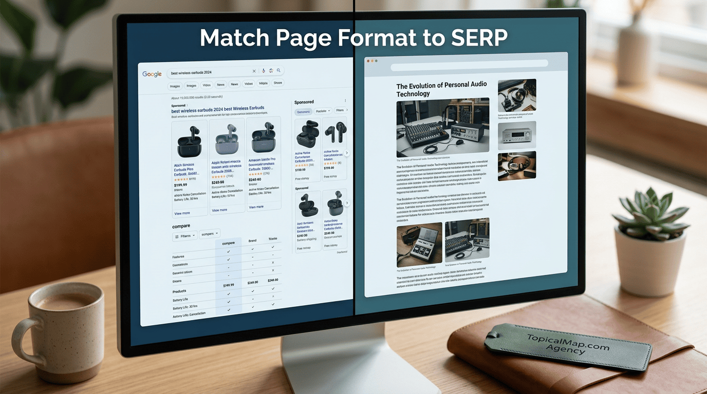 Split-screen showing SERP format vs mismatched article to illustrate intent mismatch