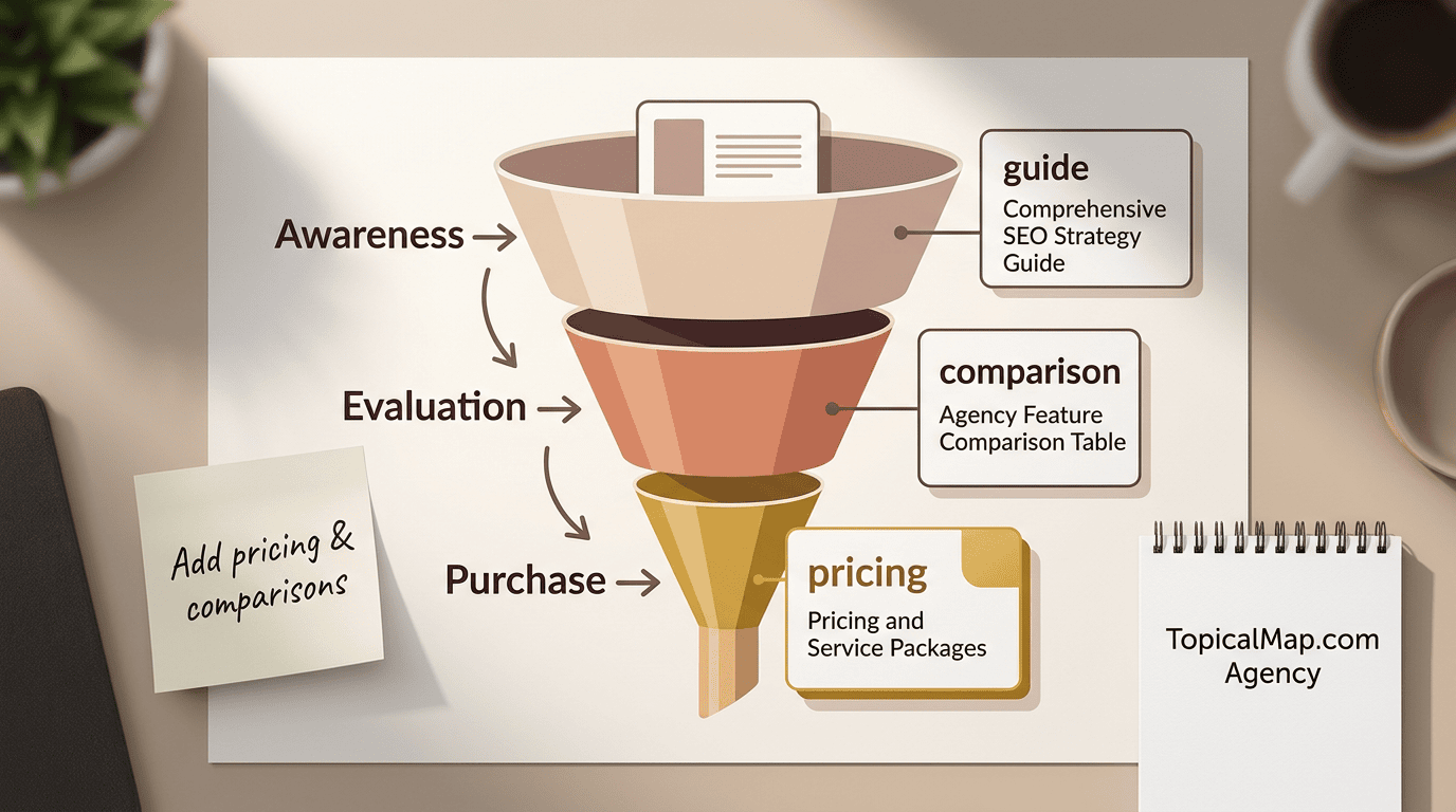 Sales funnel graphic showing awareness, evaluation, and bottom-of-funnel pages like pricing and comparisons