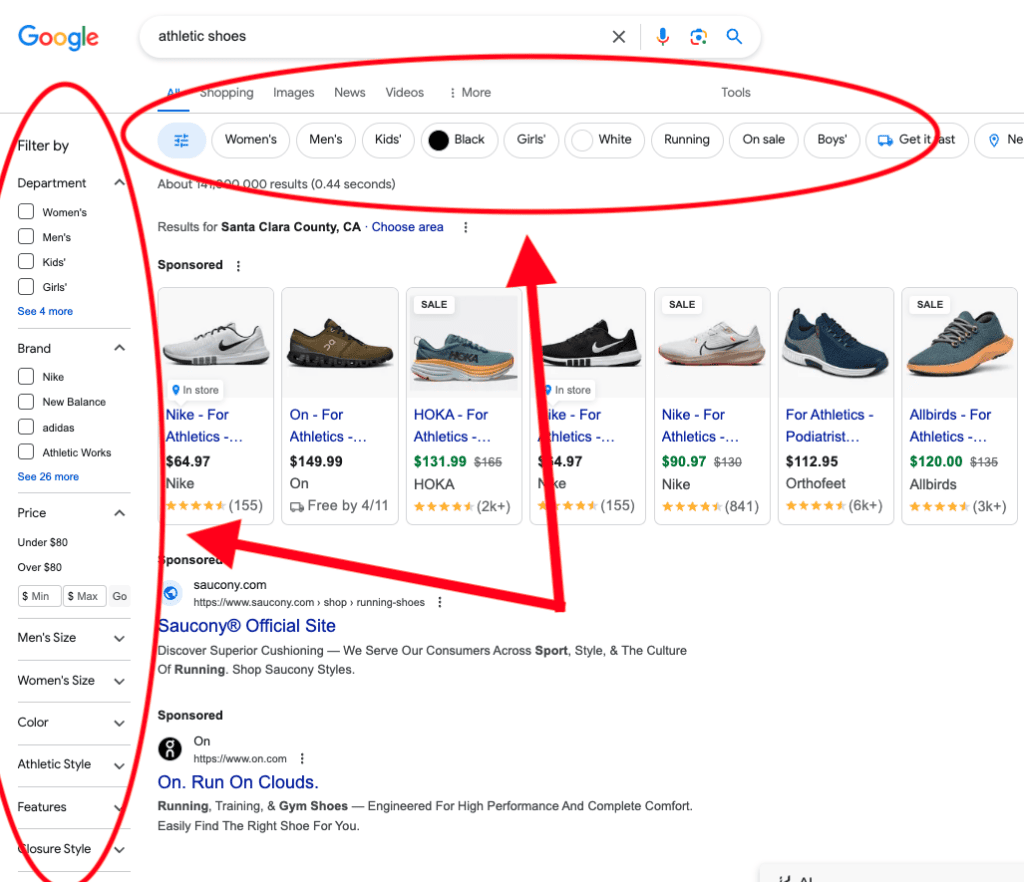 Google SERPs for 'athletic shoes' search query