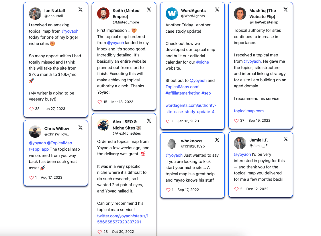 X/Twitter Testimonials from Topical Map Clients