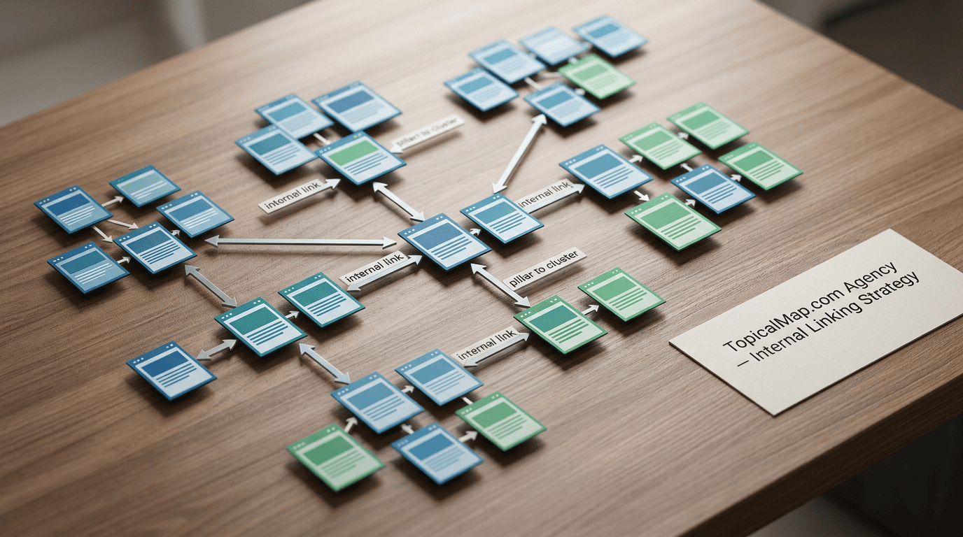 Isometric diagram of internal linking between pillar and cluster pages for SEO
