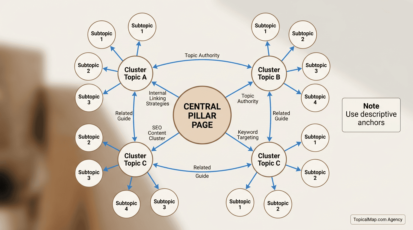 Network diagram of pillar and cluster pages showing internal linking patterns