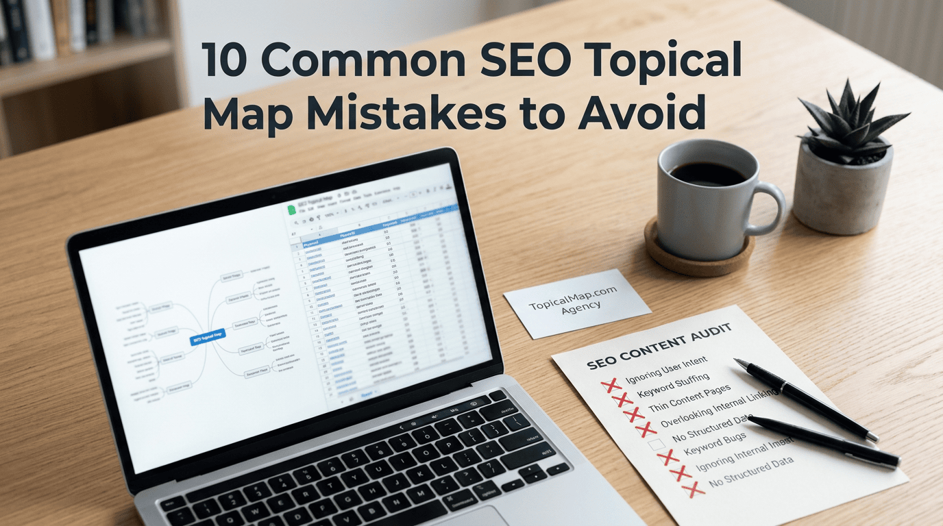 Cover showing topical map spreadsheet and checklist for SEO topical map mistakes