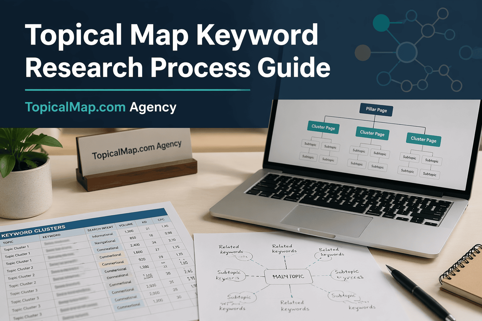 Cover image: Topical Map Keyword Research Process Guide on a workspace with laptop and mind map