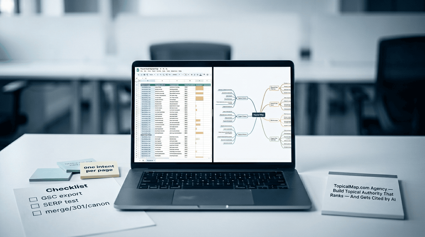 Cover image showing topical map spreadsheet and mind map for topic cannibalization cleanup