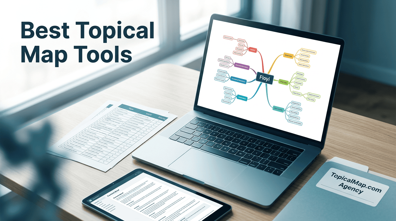 Hero image showing mind map, spreadsheet, and content brief for topical map tools comparison