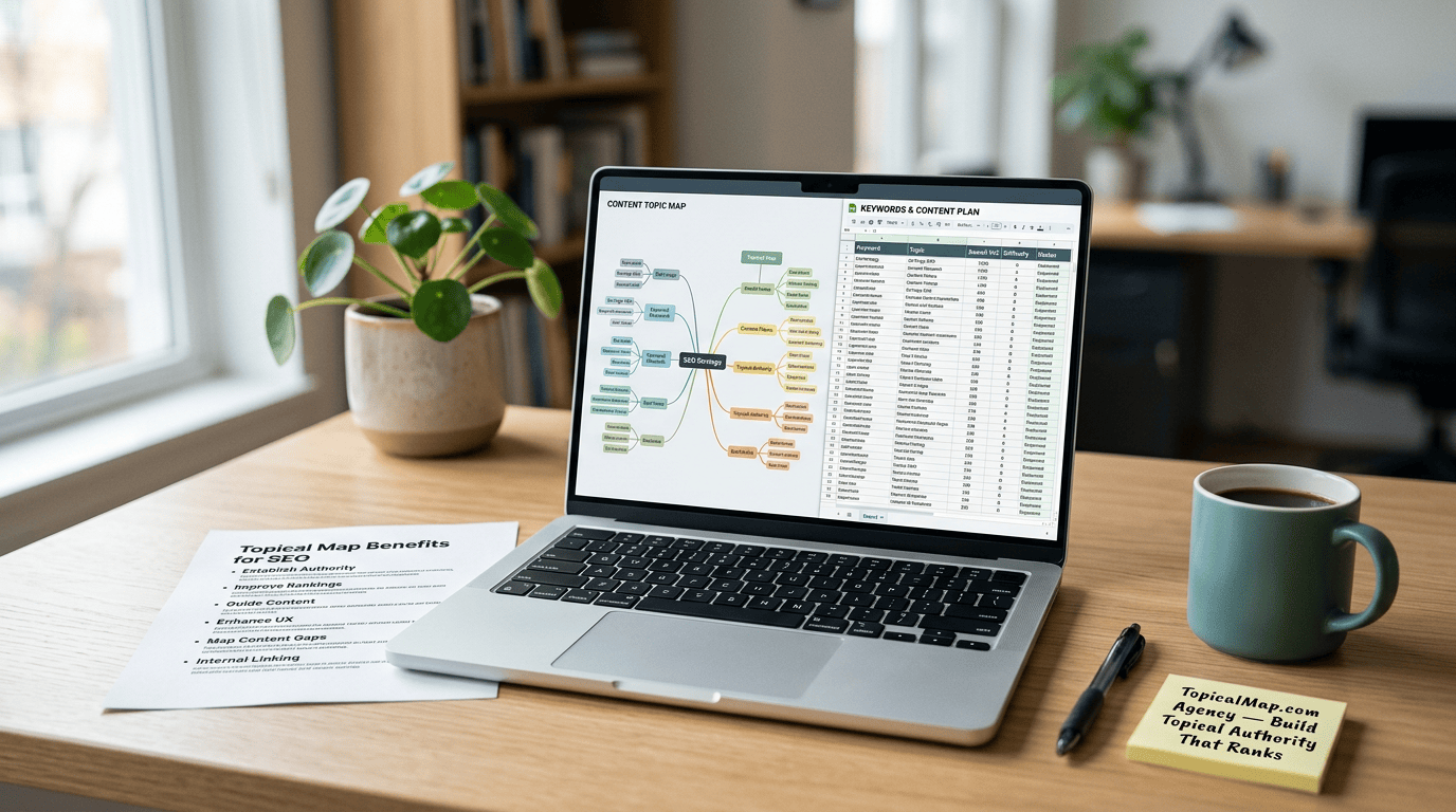 Cover image showing a laptop with a topical map and spreadsheet for topical maps SEO