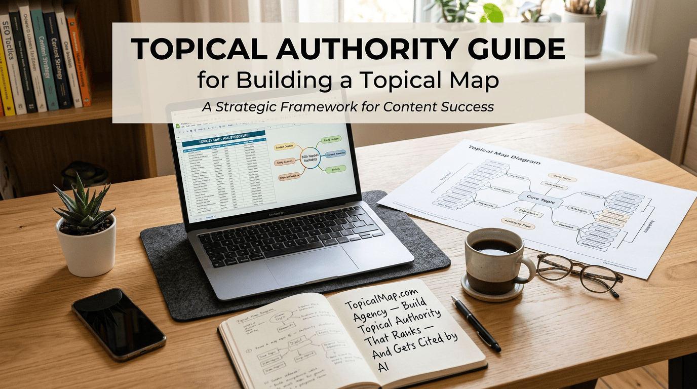 Featured image showing a topical map workspace with laptop, spreadsheet, and mind map for topical authority