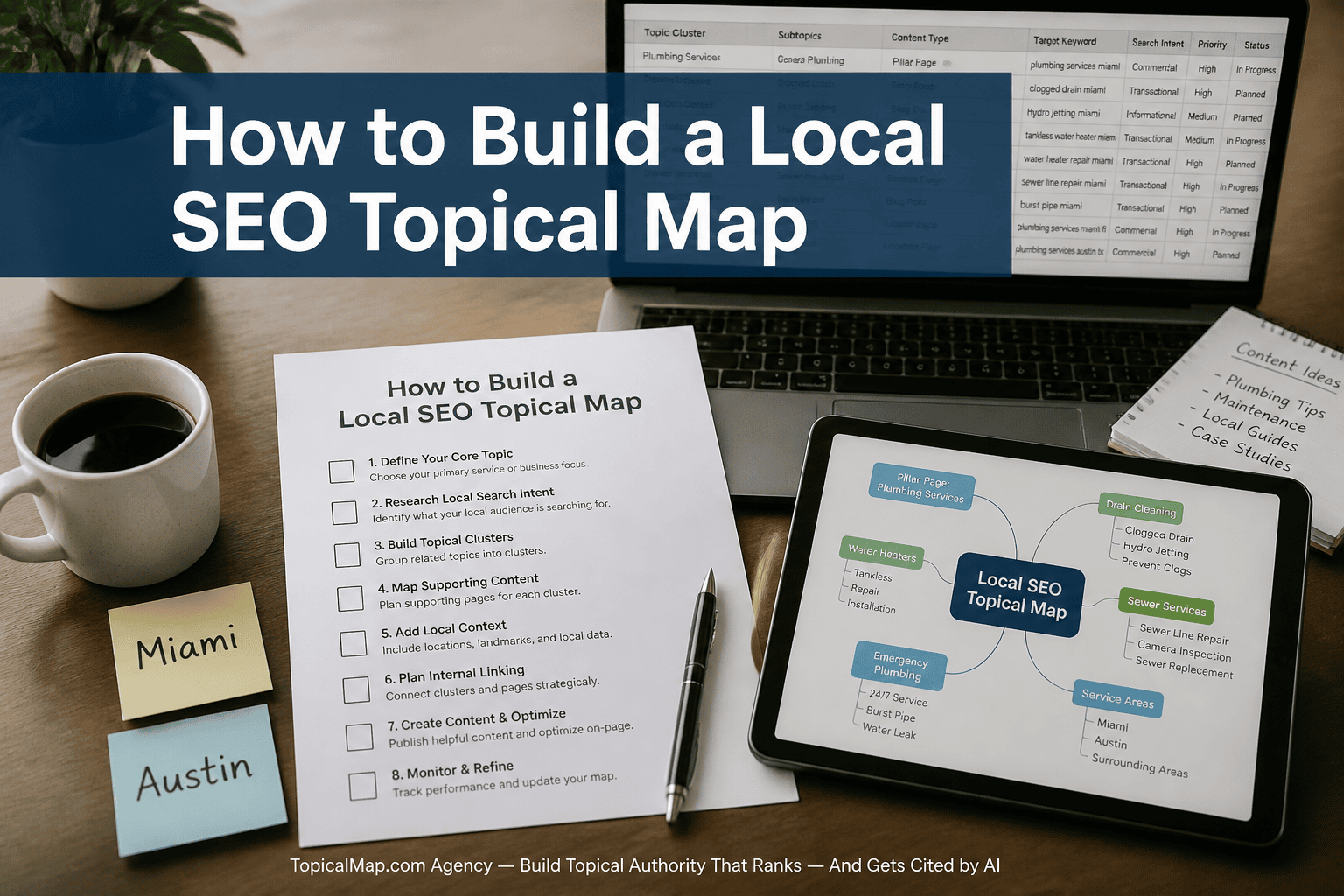 Cover image showing a laptop, spreadsheet, mind map and the title How to Build a Local SEO Topical Map