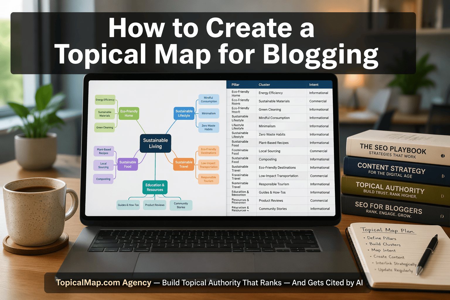 Featured cover showing laptop with topical map and spreadsheet, title: How to Create a Topical Map for Blogging