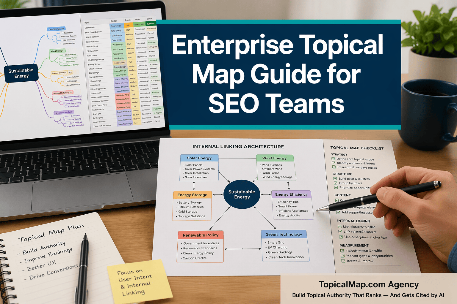 Enterprise Topical Map Guide for SEO Teams cover with mind map, spreadsheet, and TopicalMap.com Agency
