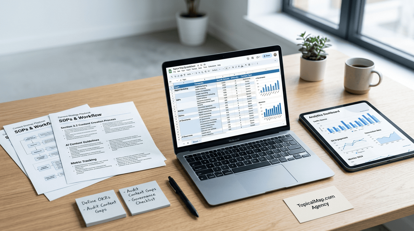 Featured cover showing a playbook, laptop spreadsheet and analytics for content strategy and AI governance