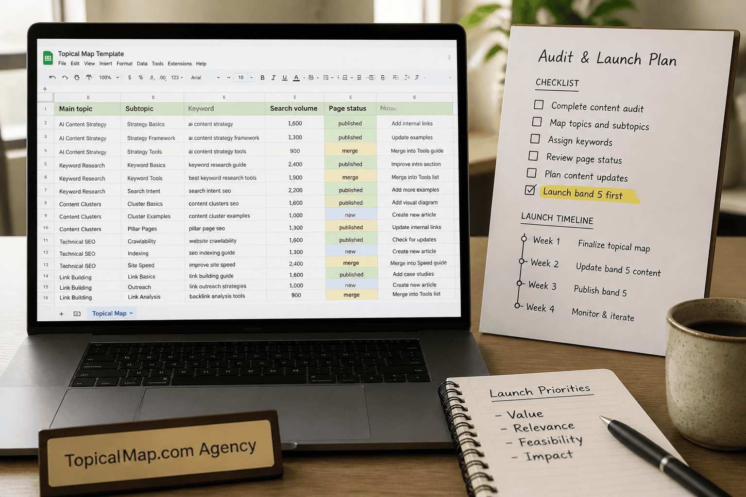 Audit spreadsheet and launch checklist for a local SEO topical map