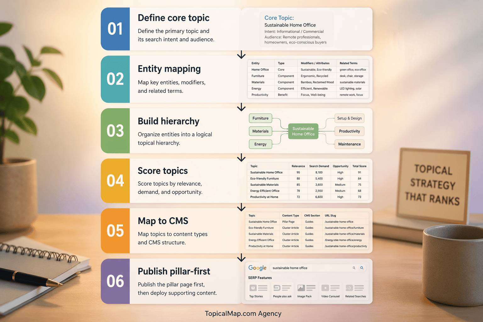 Workflow diagram for building an enterprise topical map with scoring and CMS mapping