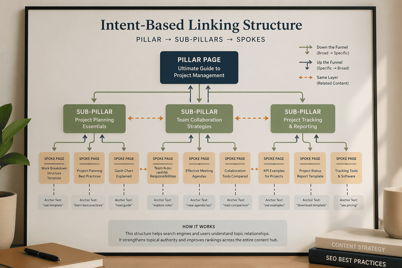 Flowchart of intent-based internal linking from pillar to sub-pillars and spoke pages
