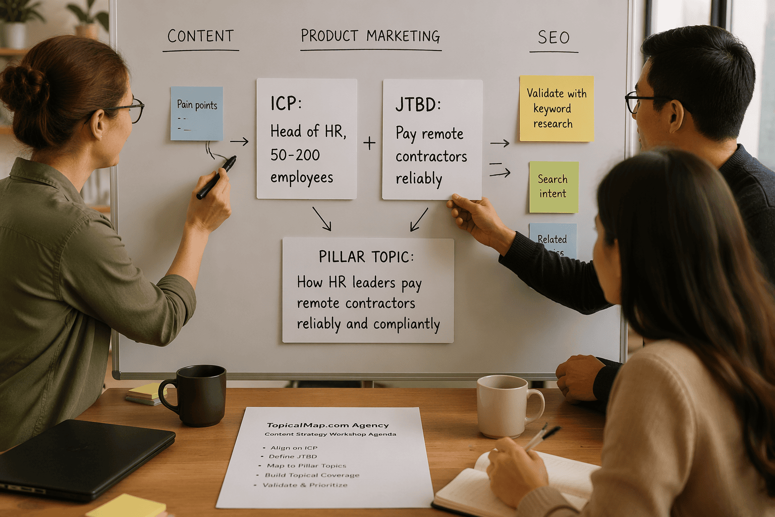 Team workshop mapping ICP and JTBD into a B2B SaaS pillar topic