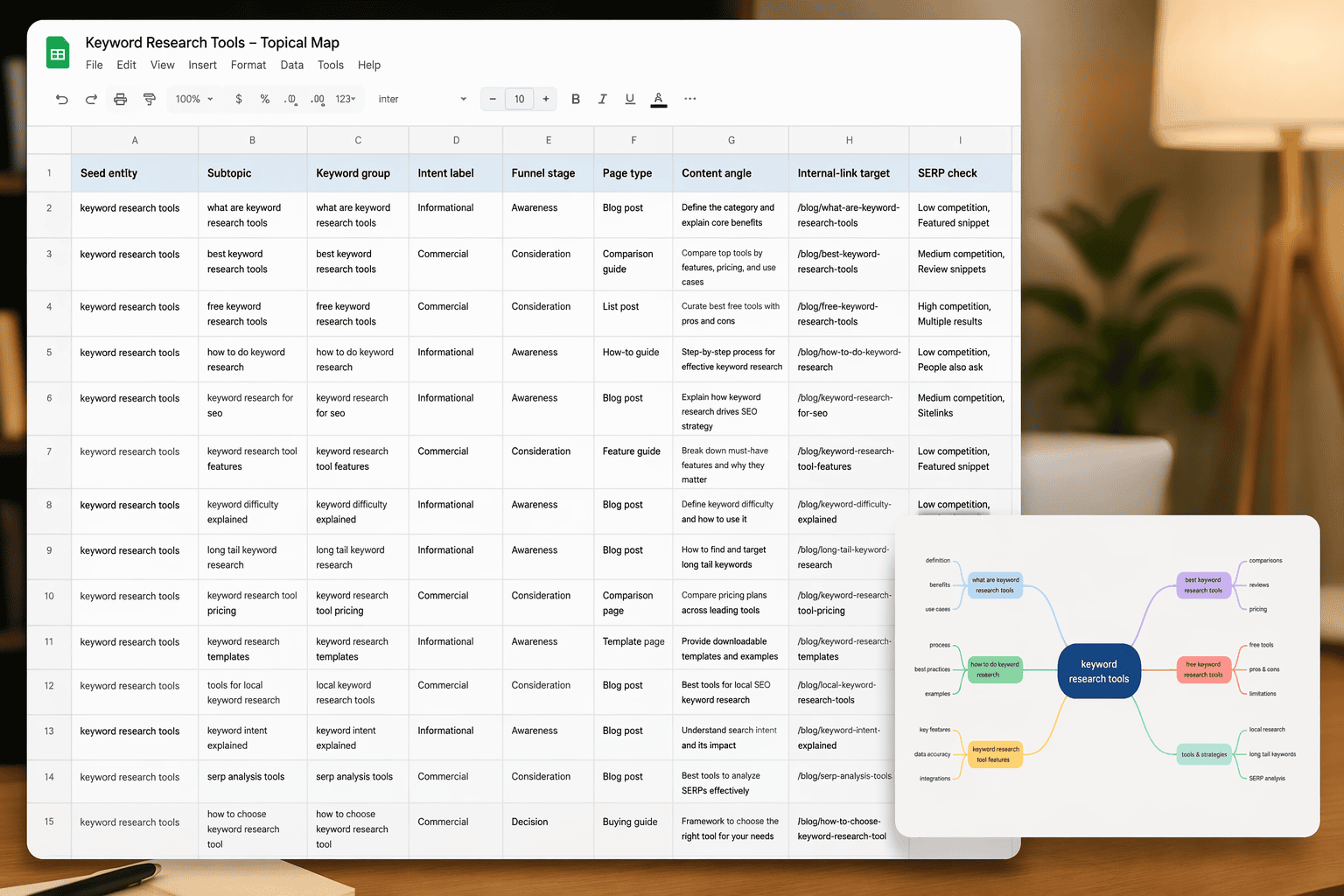 Export-ready topical map workbook mockup with intent labels and internal-link targets