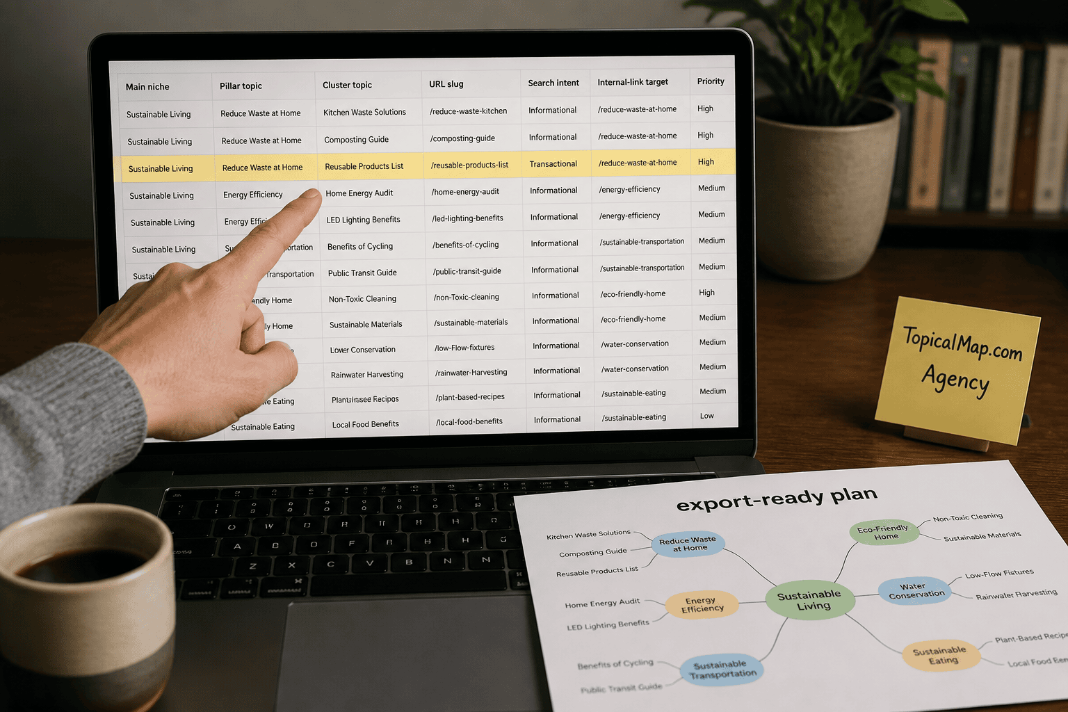 Spreadsheet template for a topical map showing pillar, cluster, intent, URL slug and priorities