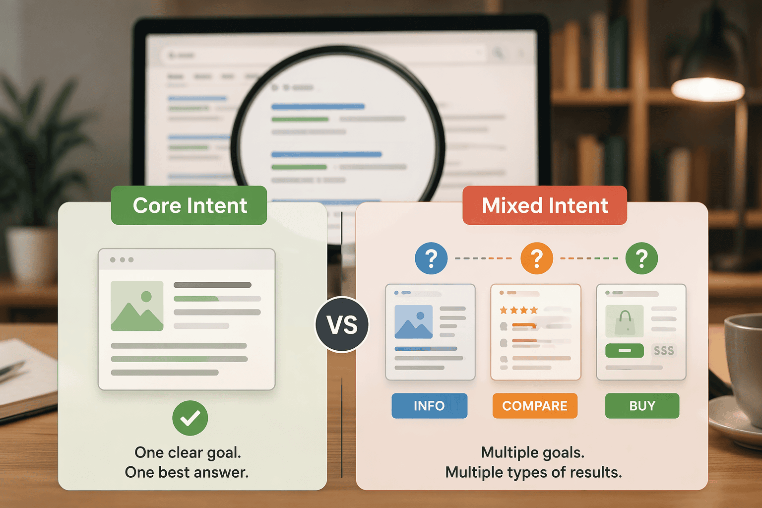 Split visual comparing core intent (single page) and mixed intent (multiple pages) classification