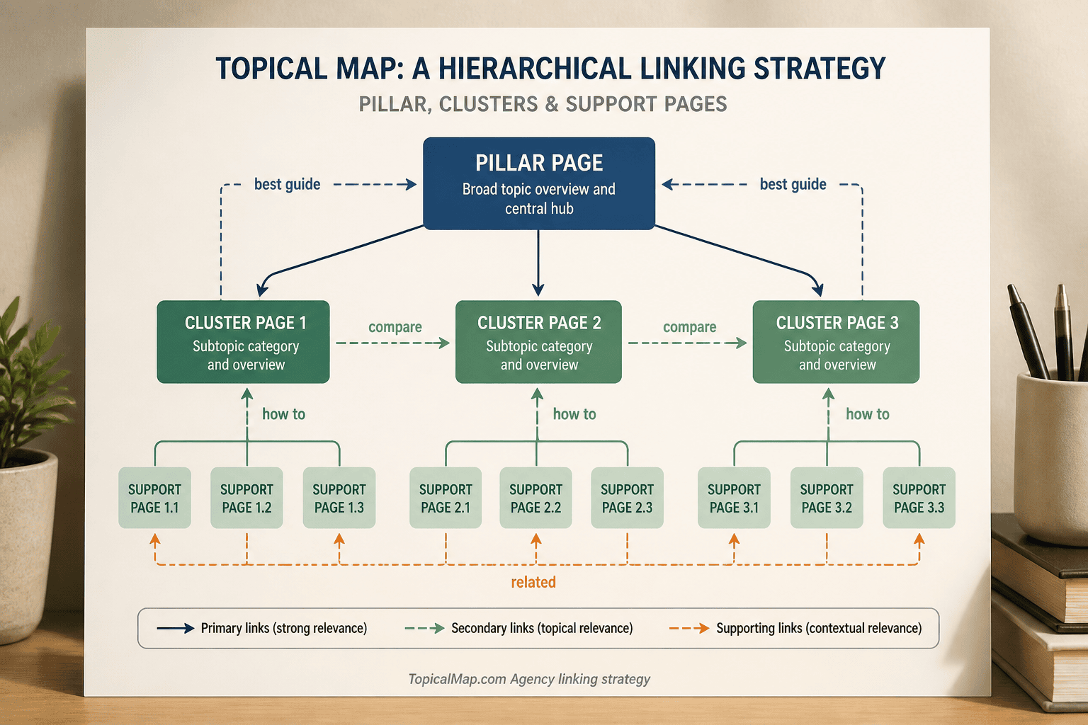 Site hierarchy infographic showing pillar to cluster internal links and anchor text examples