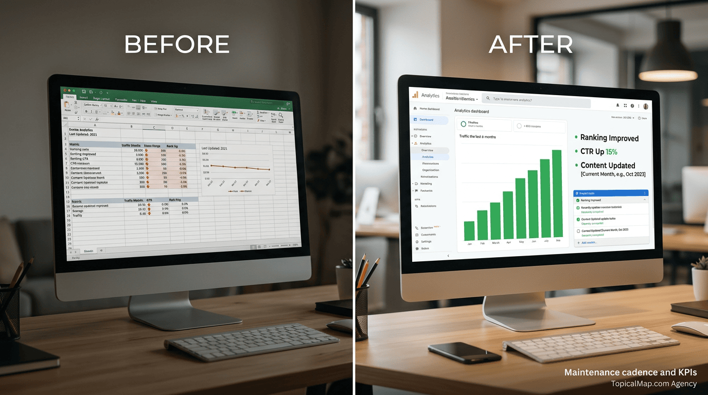 Before-and-after comparison showing topical cluster maintenance and improved metrics