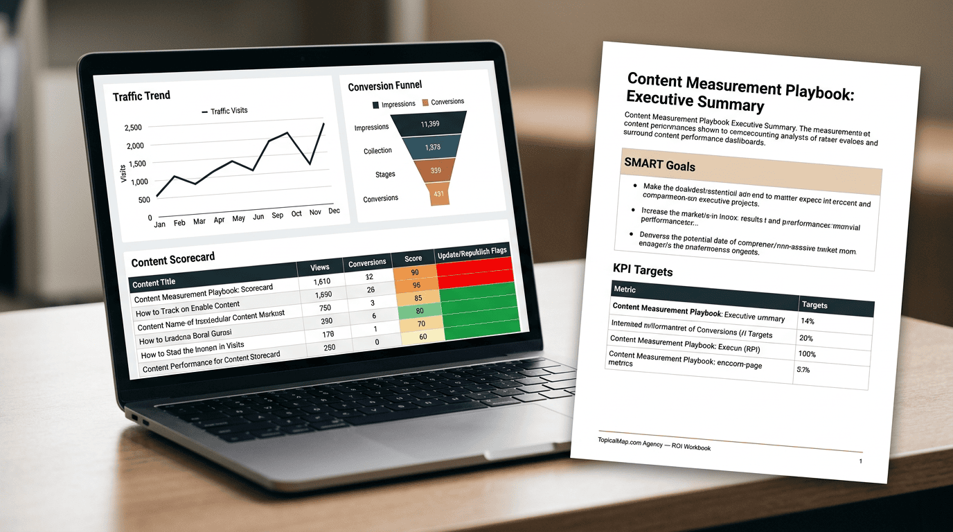 Content performance dashboard with traffic, conversion funnel and content scorecard for KPI measurement