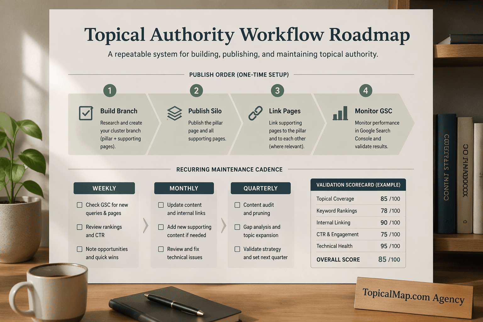 Publishing roadmap and maintenance cadence infographic for topical map SEO workflow