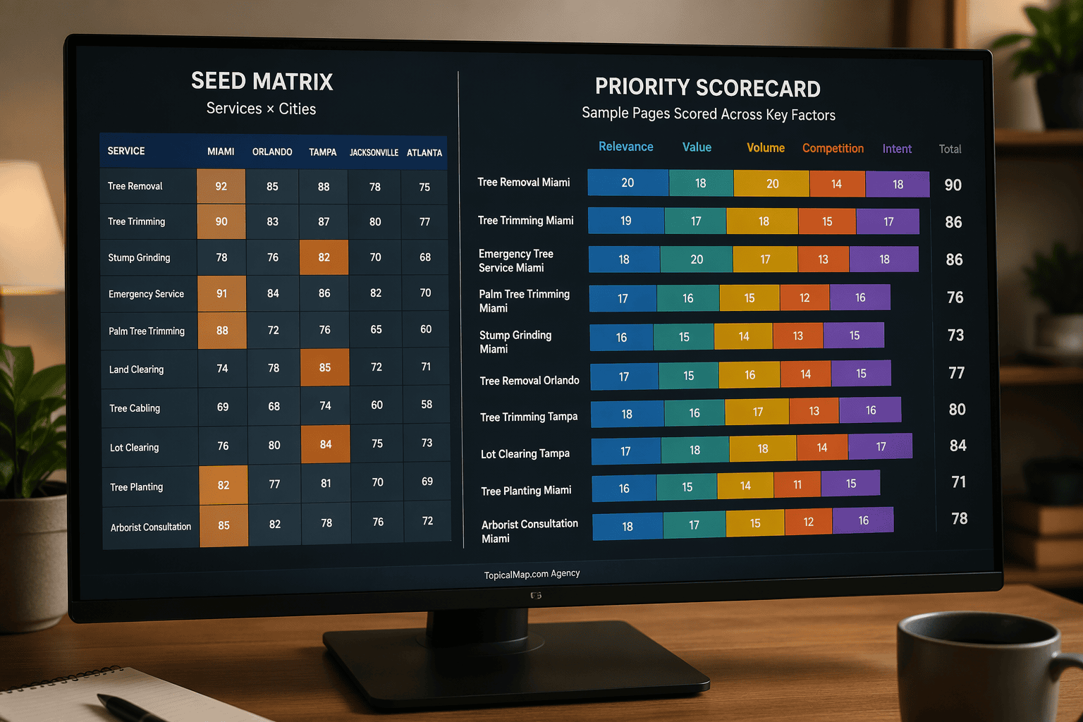Priority scorecard and seed matrix showing how to rank service and location pages