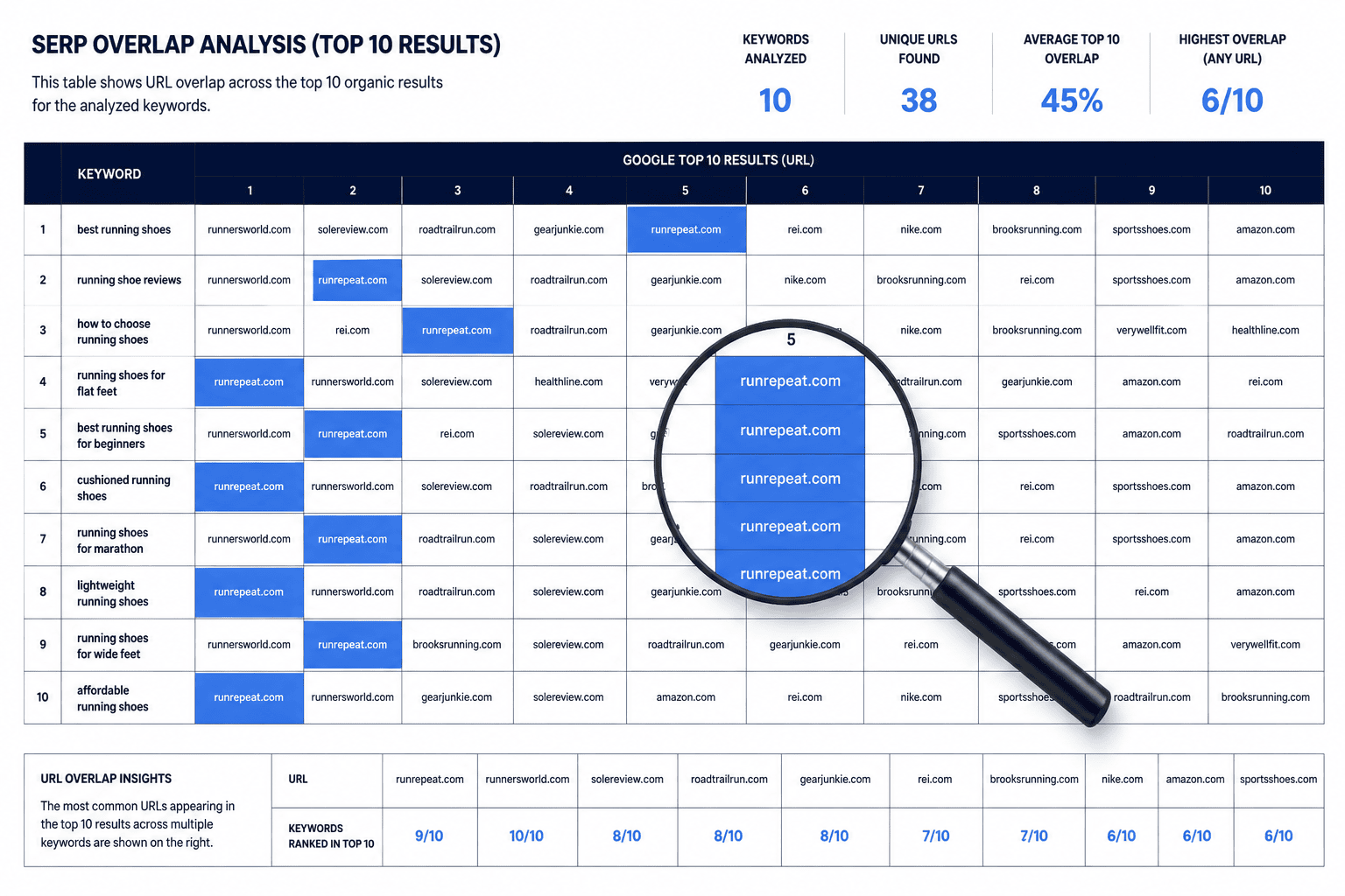 Table-style visualization of SERP overlap clustering showing shared top URLs