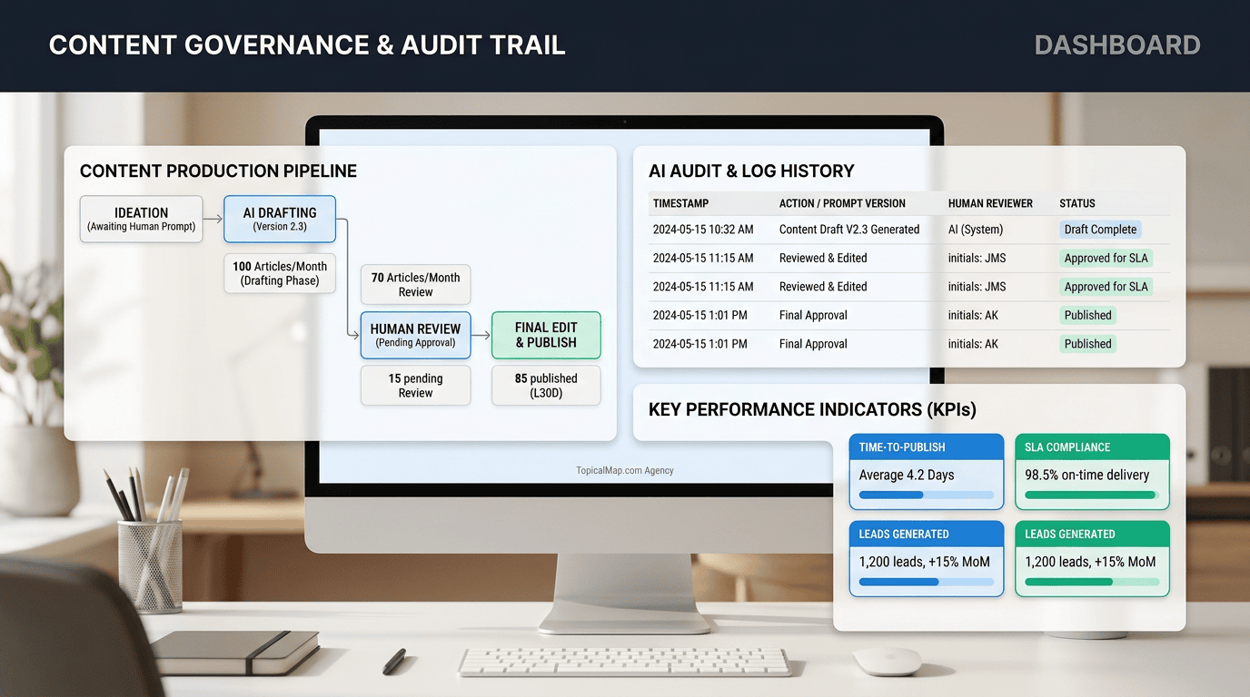 Dashboard UI showing AI audit logs, modular content pipeline and KPIs for scaling content production