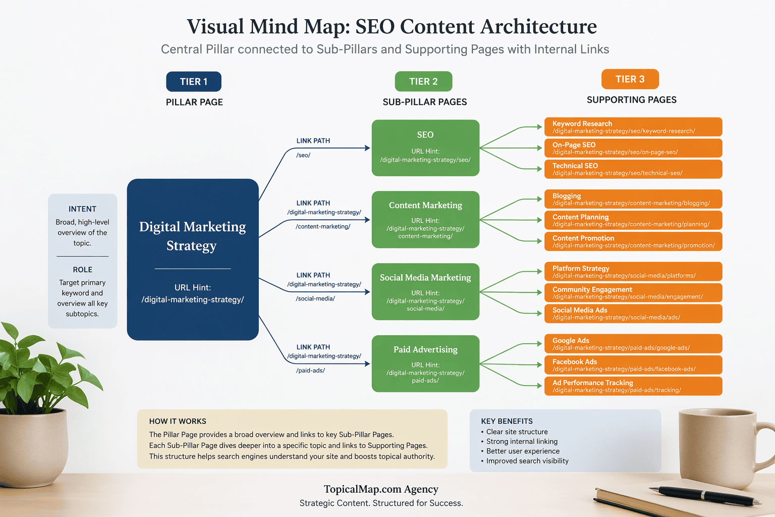 Mind map diagram turning keyword clusters into a topical map with tiers and link paths
