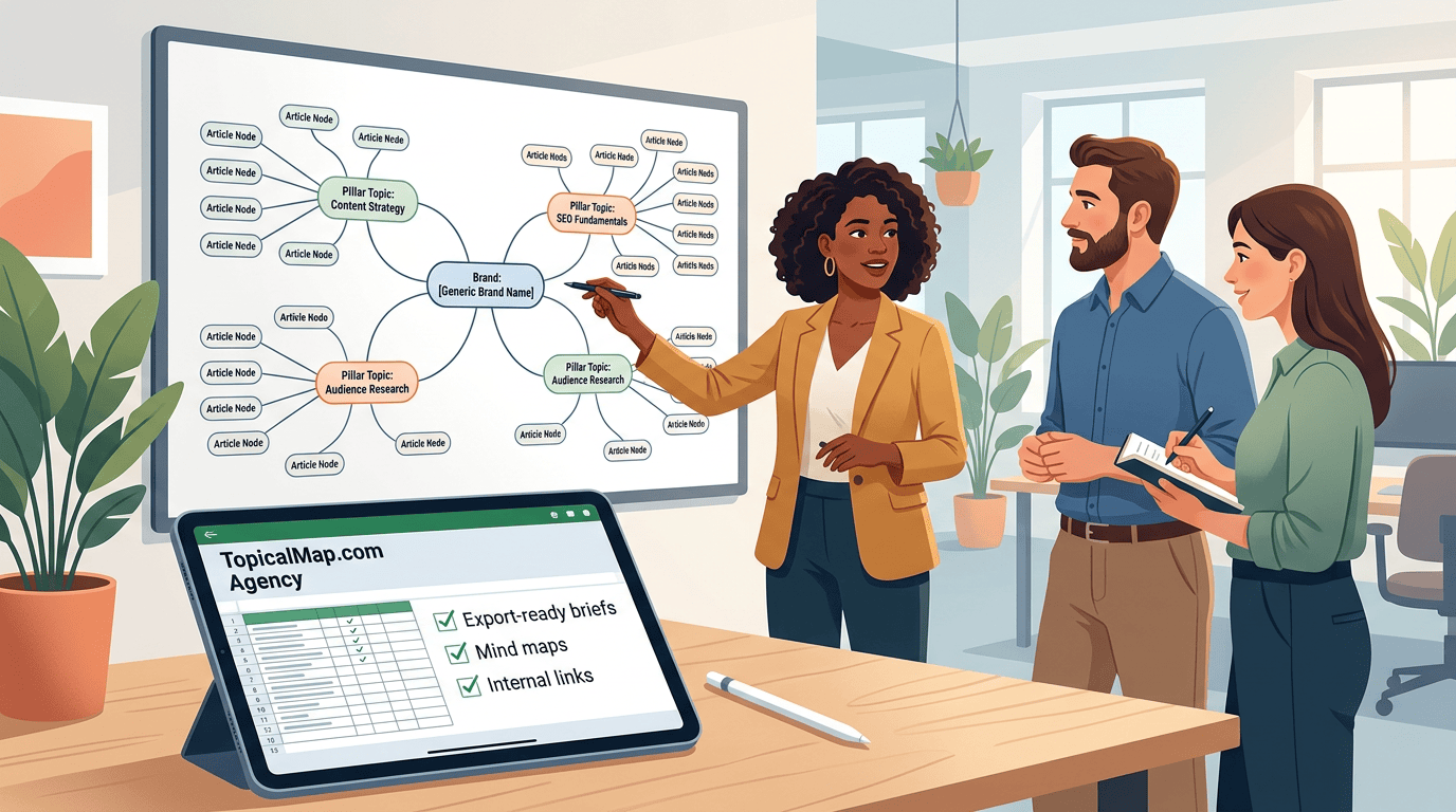 Team reviewing a topical map and spreadsheet showing export-ready briefs and internal links