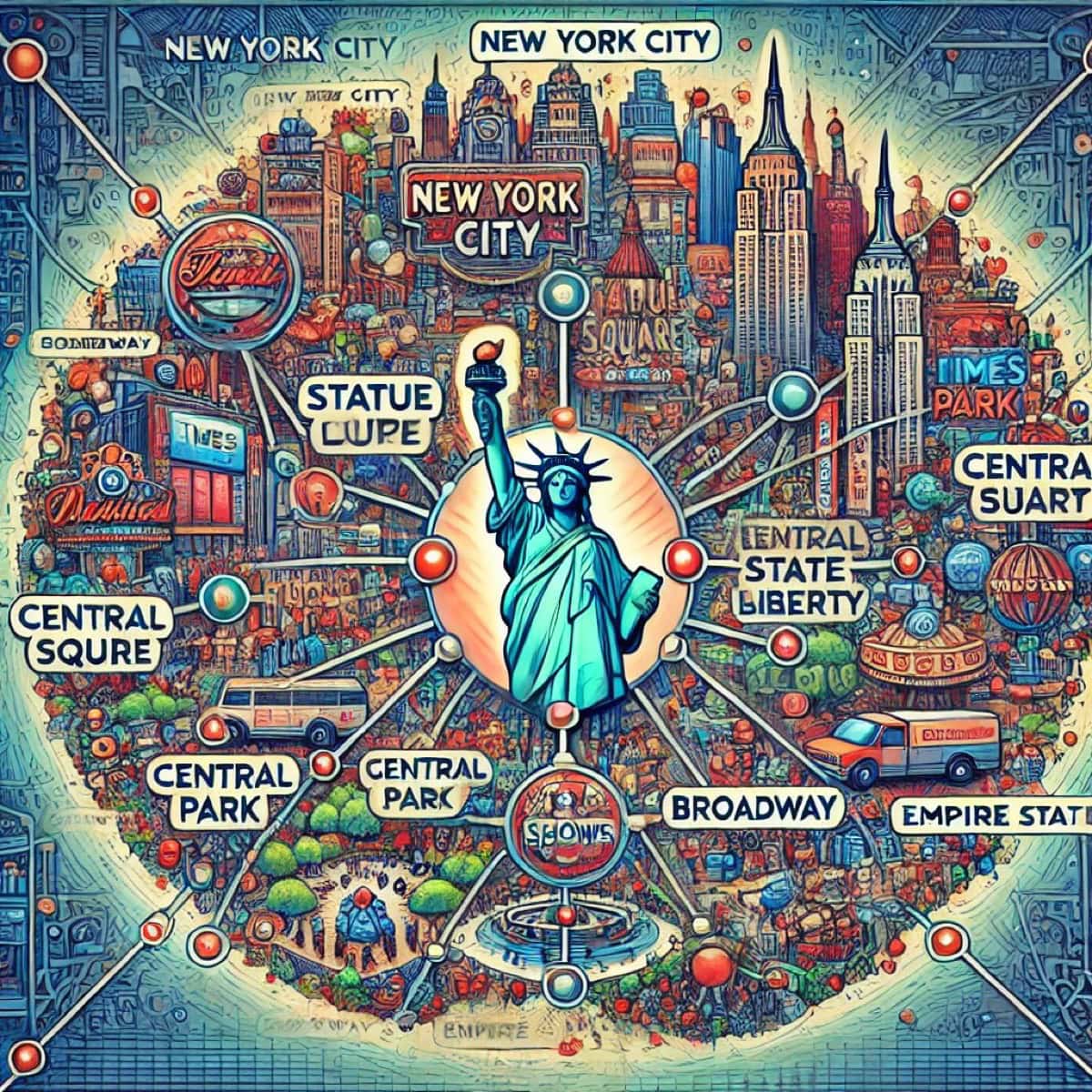 A vibrant, artistic map of New York City centers around the Statue of Liberty, with illustrated landmarks like Central Park, Times Square, Broadway, and the Empire State Building. Surrounded by whimsical icons and cityscapes, text labels provide a semantic search feel to highlight the locations.