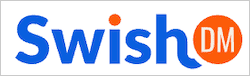 Logo with the word "Swish" in blue text, with the dot on the "i" in orange. To the right, an orange circle contains the white letters "DM." The background is white. Logo with the word "Swish" in blue text, with the dot on the "i" in orange. To the right, an orange circle contains the white letters "DM." The background is white.