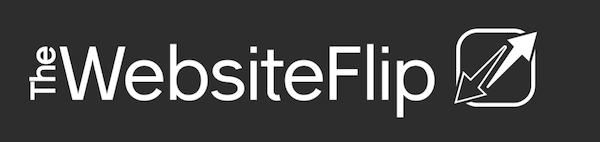 The image shows a logo with the text "The Website Flip" in white letters against a dark background. To the right of the text, there is an icon of an upward-pointing arrow intersecting a box with a stylized pencil.
