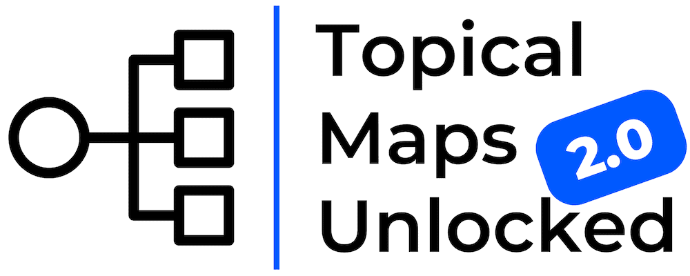 The image shows a logo with a simple organizational chart icon on the left and the text "Topical Maps Unlocked" on the right. The "2.0" is highlighted in a blue shape overlapping the word "Unlocked".