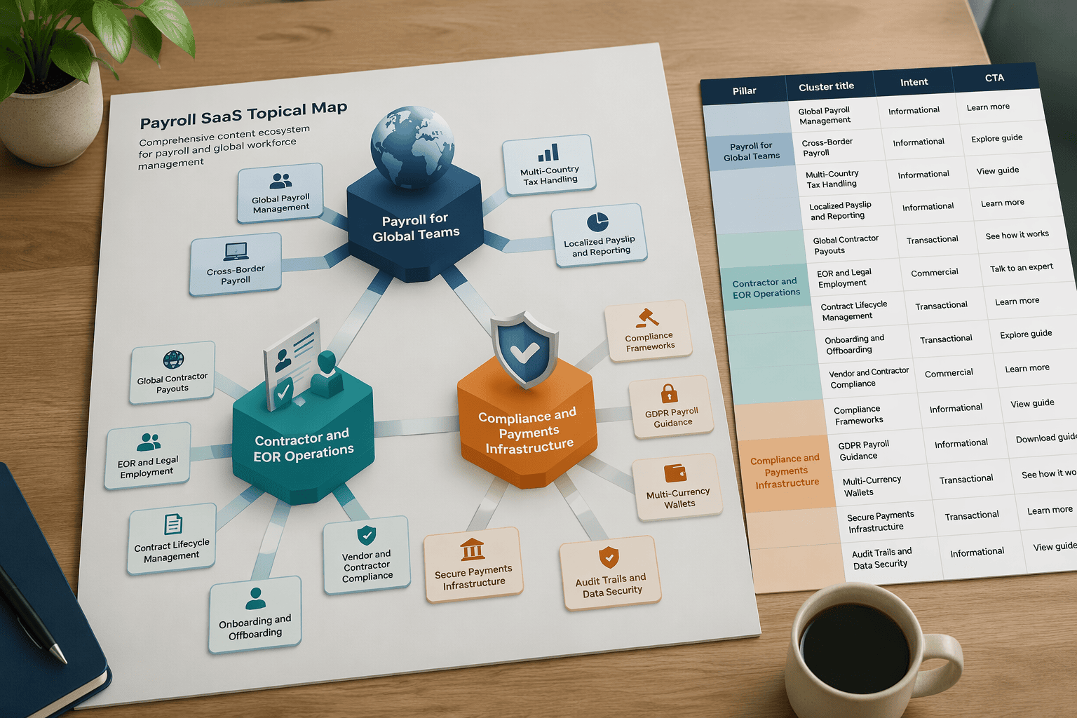 Isometric payroll SaaS topical map with pillars and cluster examples