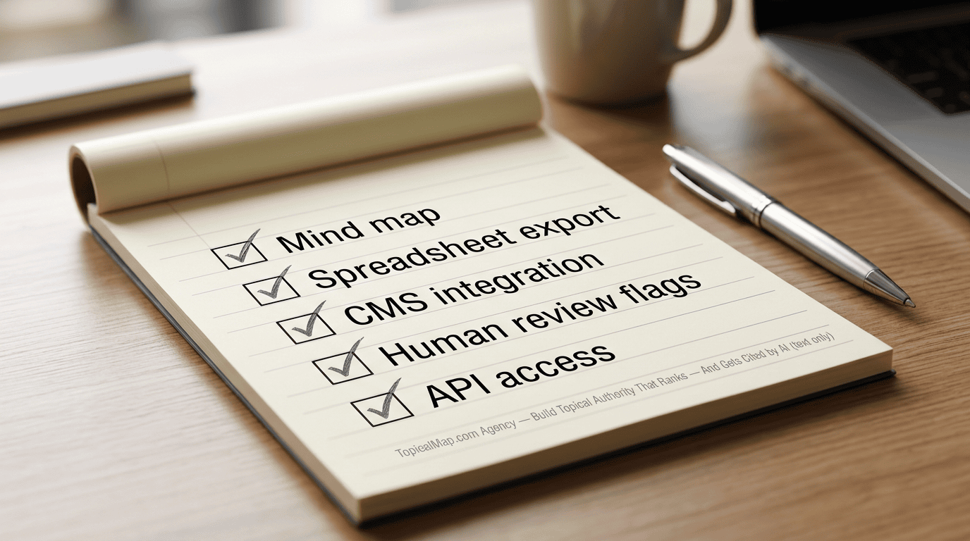 Buyer checklist with mind map, spreadsheet export, CMS integration, human review, and API access