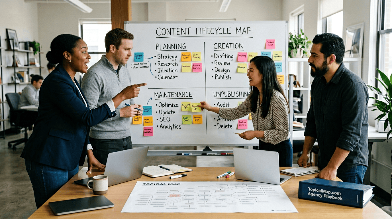 Cross‑functional team workshop mapping the content lifecycle and topical strategy