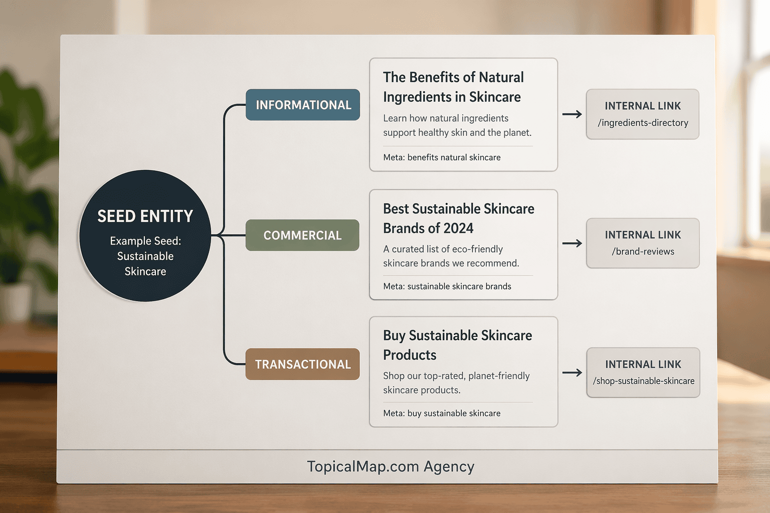 Diagram showing seed entity branching into informational, commercial, and transactional pages