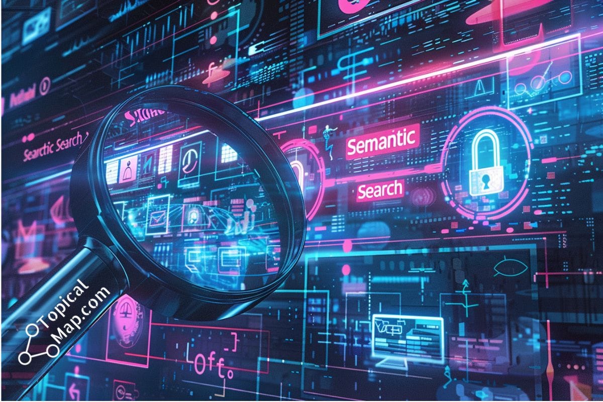 A digital illustration presents a magnifying glass focusing on the term "Semantic Search" on a futuristic, neon-lit interface teeming with various icons and graphs. The text "Topical Map" is visible in the bottom left corner, emphasizing themes of advanced technology and data analysis.