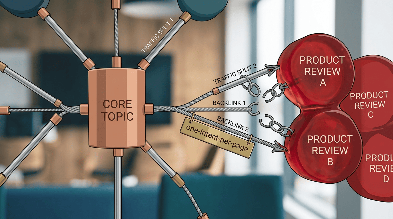 Topical map graphic highlighting overlapping nodes and split authority for topic cannibalization