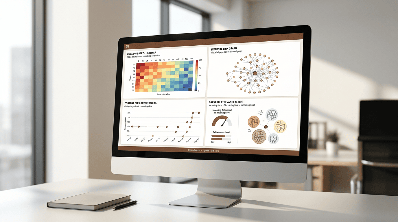 Dashboard showing coverage depth, internal links, freshness, and backlink signals for topical authority