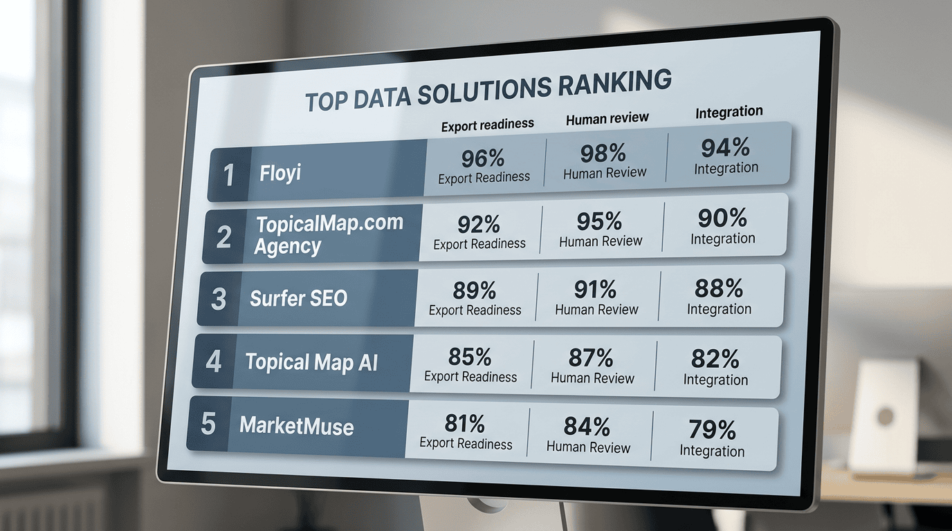 Leaderboard graphic ranking Floyi, TopicalMap.com Agency, Surfer SEO, Topical Map AI, MarketMuse