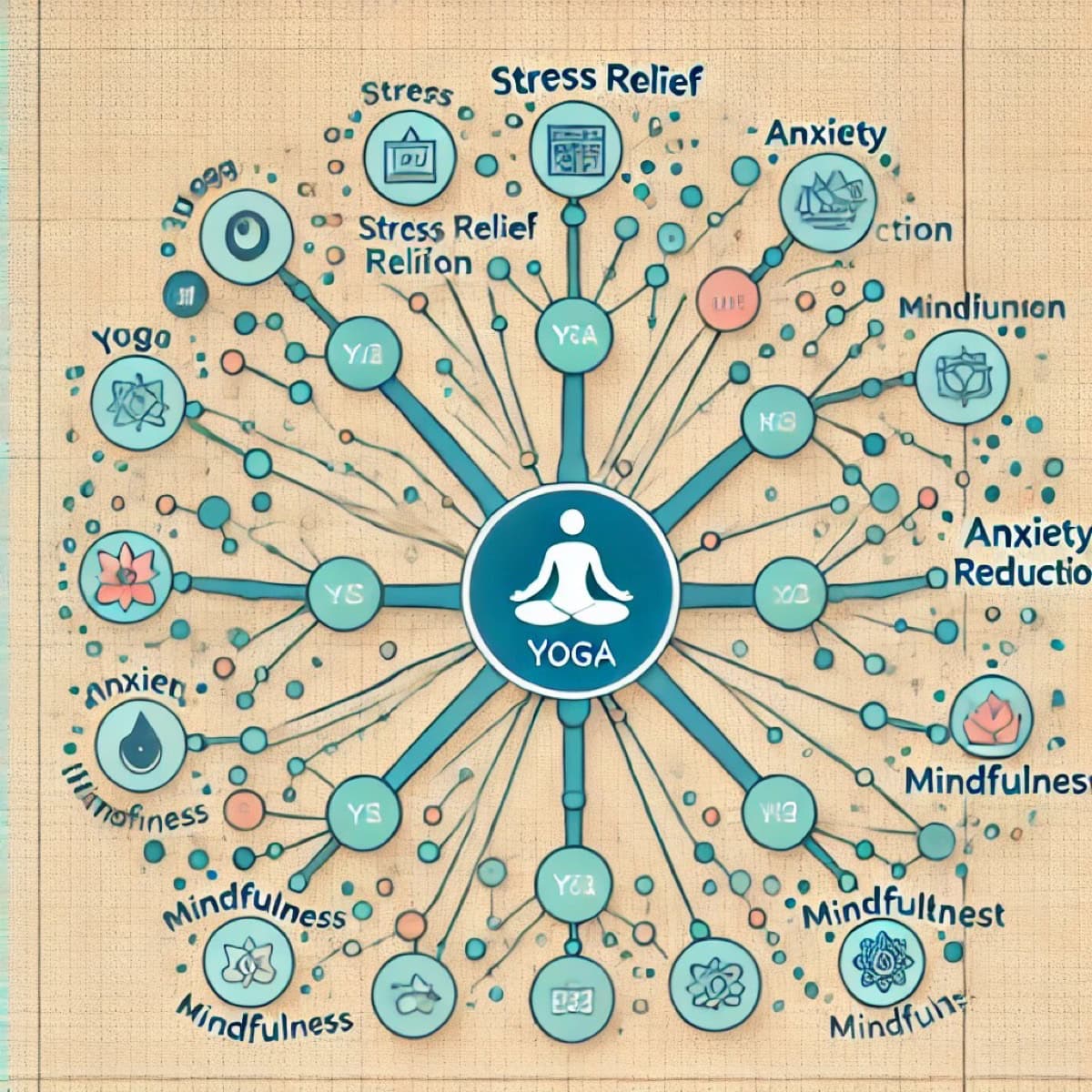 A mind map diagram titled "Yoga" at the center, with branches leading to various related concepts such as Stress Relief, Anxiety Reduction, and Mindfulness. Each main branch has sub-branches with related terms and icons, all on a textured beige background, allowing for an intuitive form of semantic search.